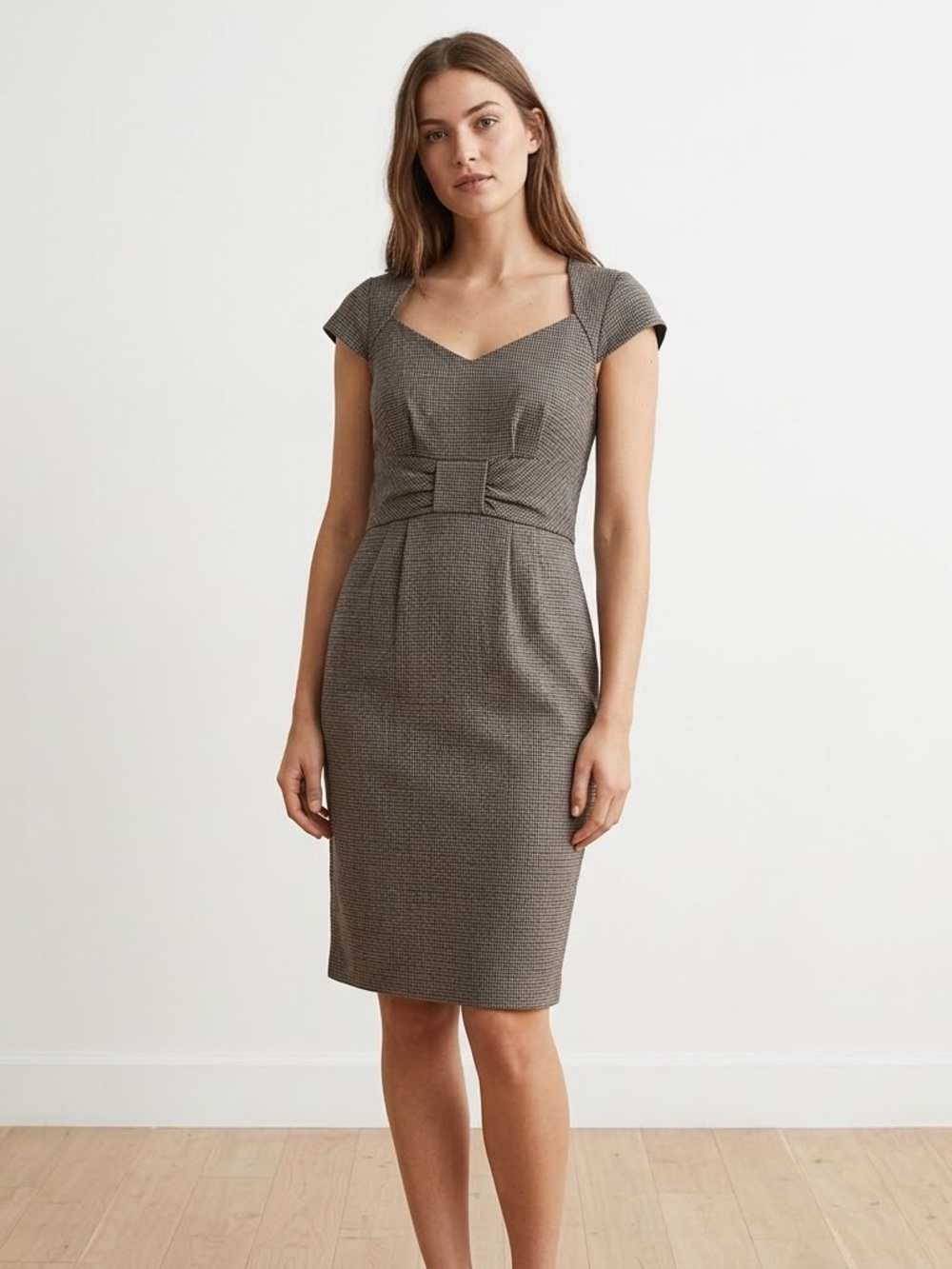 H&M Vintage-Style Houndstooth Sheath Dress - Fitted Waist, floral lining, Size 8